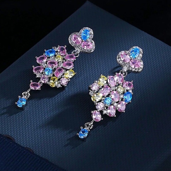 Blue Pink Topaz Citrine Zircon Dangle Earrings Wedding Bridal Anniversary - Picture 4 of 5